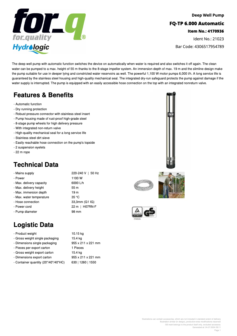 Page 1 of the manual Technical Sheet For_Q FQ-TP 6.000 Automatic