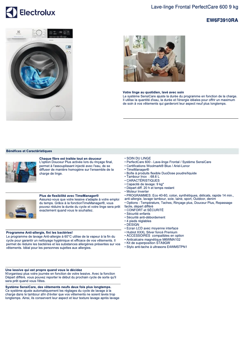 Page 1 of the manual Technical Sheet Electrolux EW6F3910RA