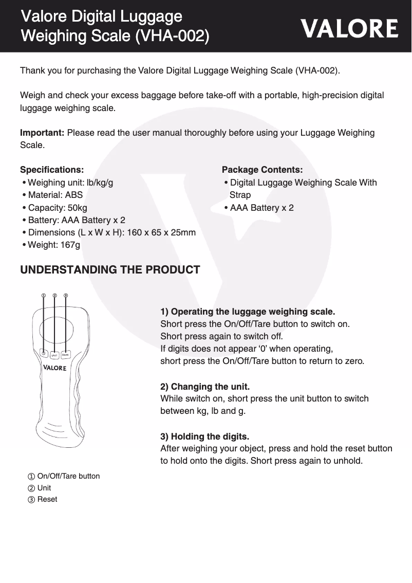 Page 1 of the manual User Manual Valore VHA-002