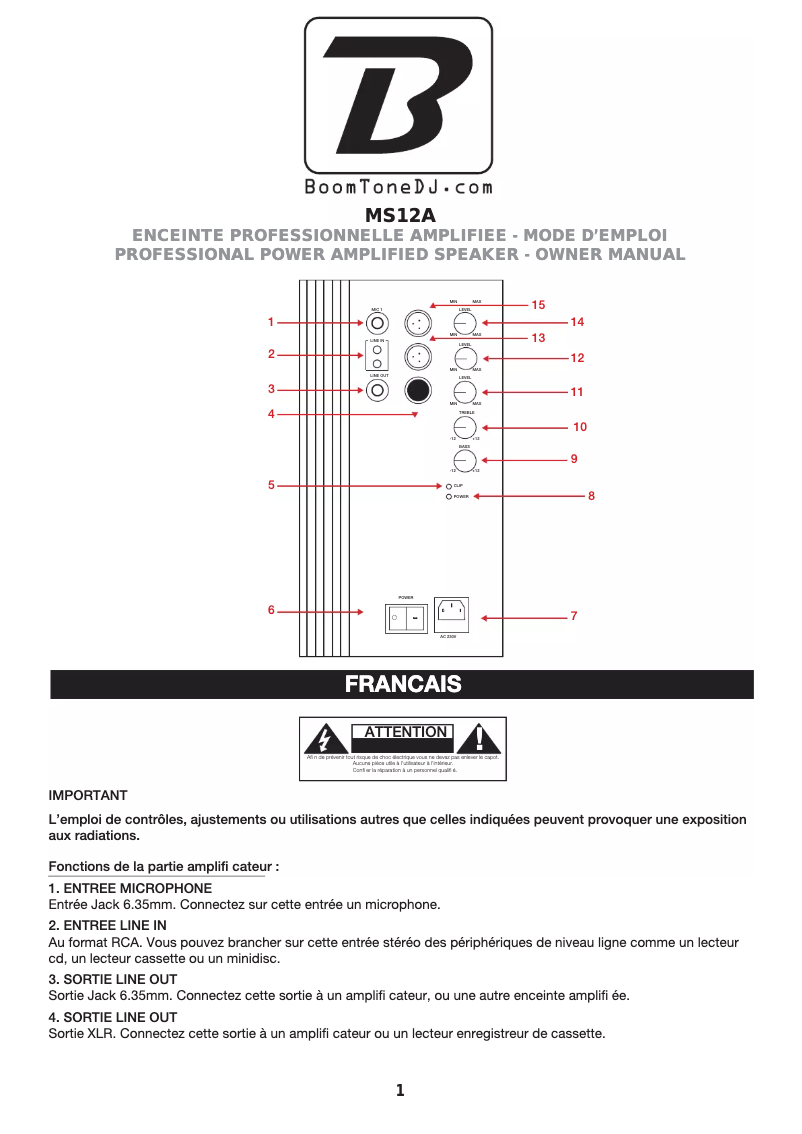 Page 1 de la notice Manuel utilisateur BoomTone DJ MS12A