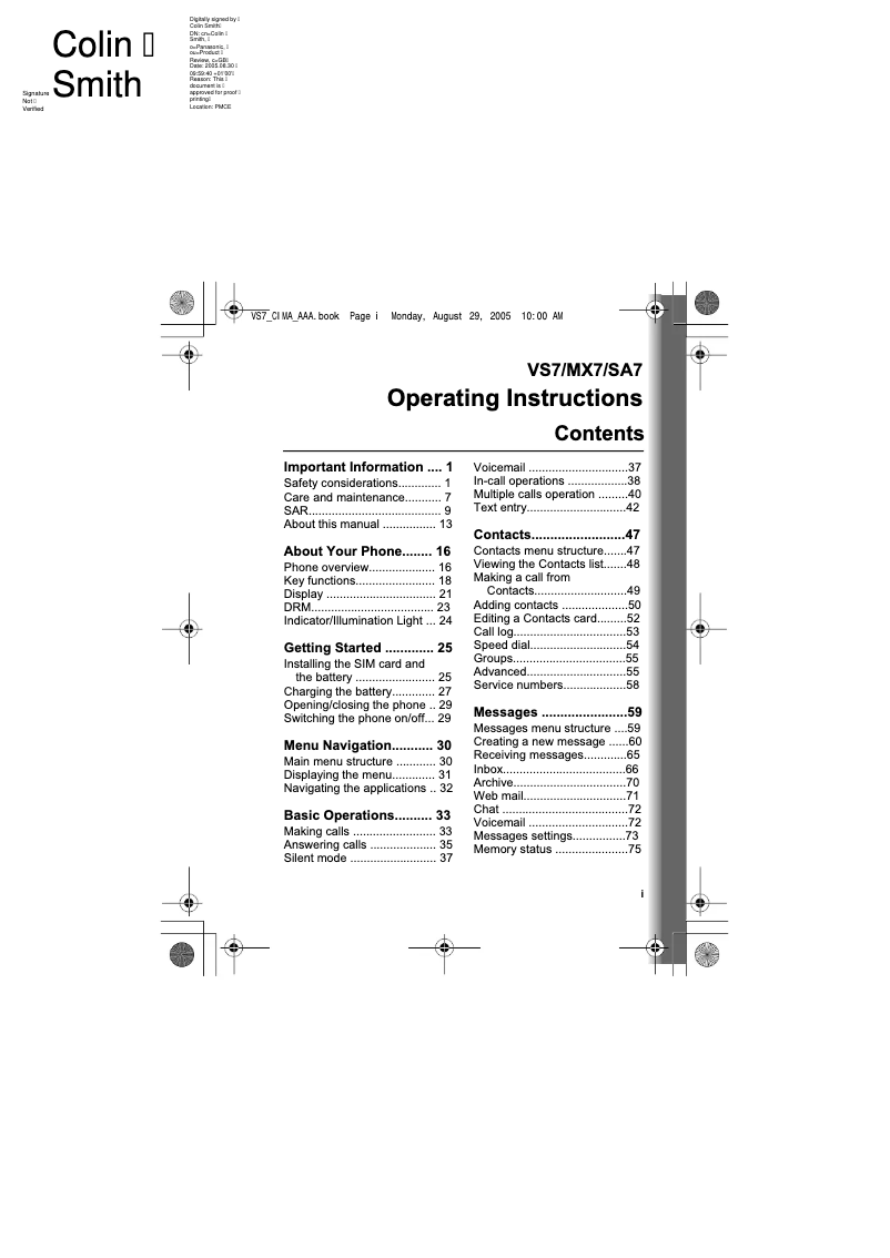 Page 1 of the manual User Manual Panasonic VS7