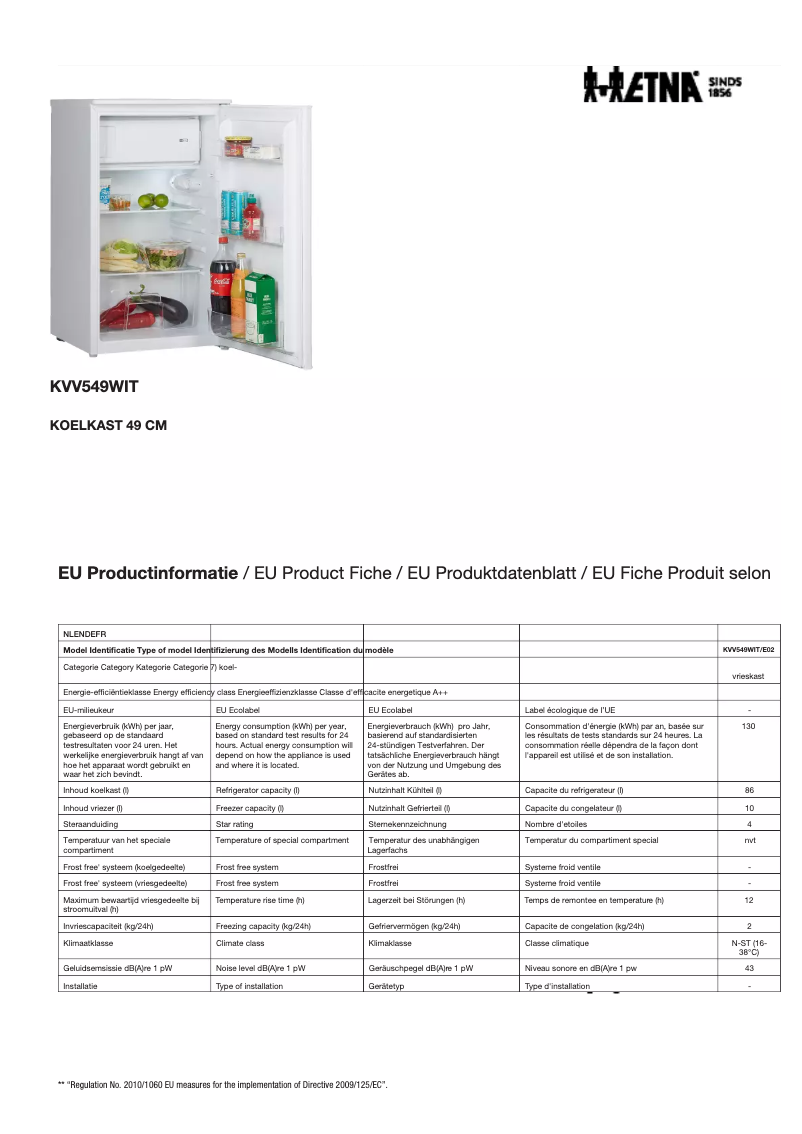Page 1 of the manual Technical Sheet Etna KVV549WIT