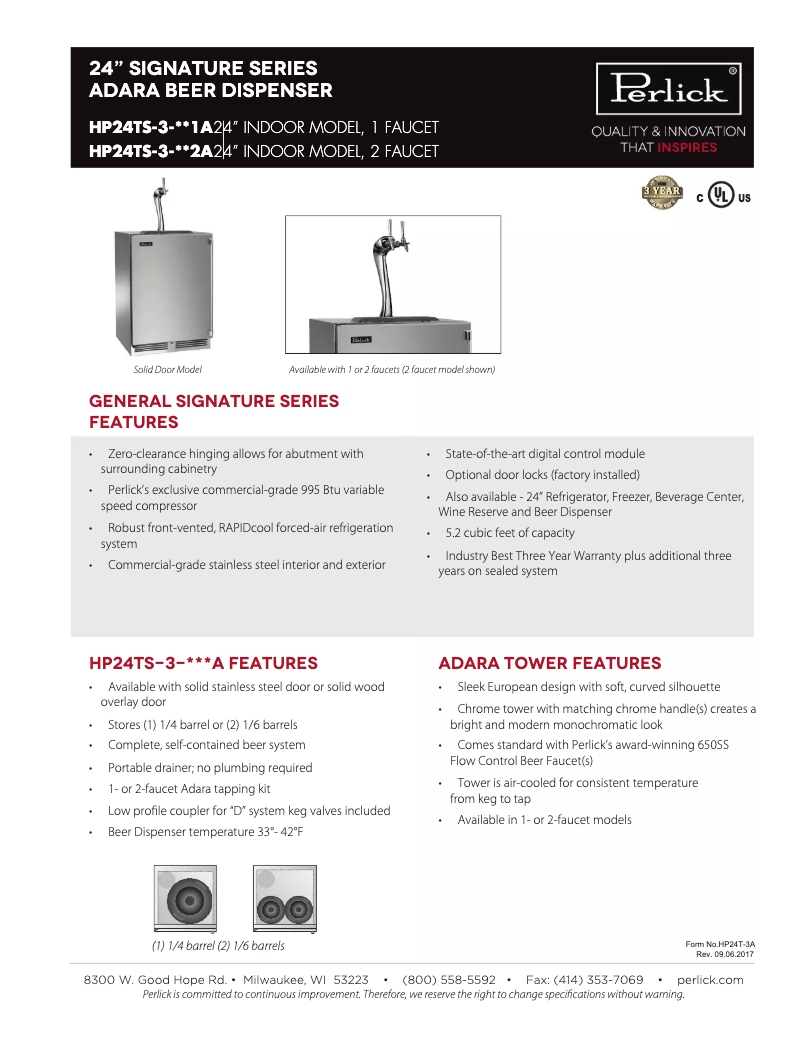 Page 1 of the manual Technical Sheet Perlick HP24TS-3-2L2A
