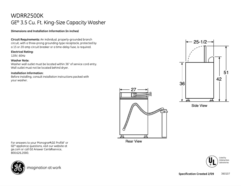 Page 1 of the manual Technical Sheet GE WDRR2500KWW