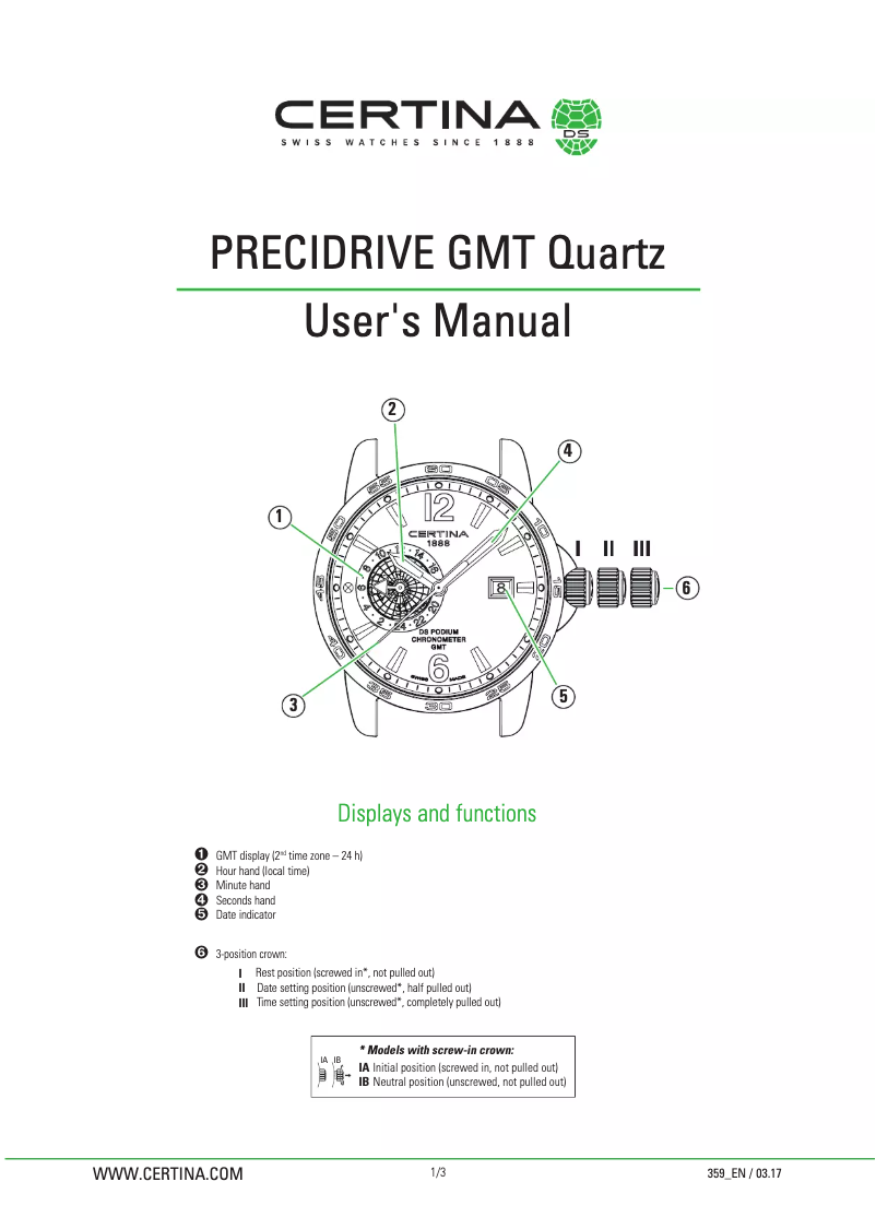 Page 1 of the manual User Manual Certina Sport C034.455.16.037.01 DS Podium GMT