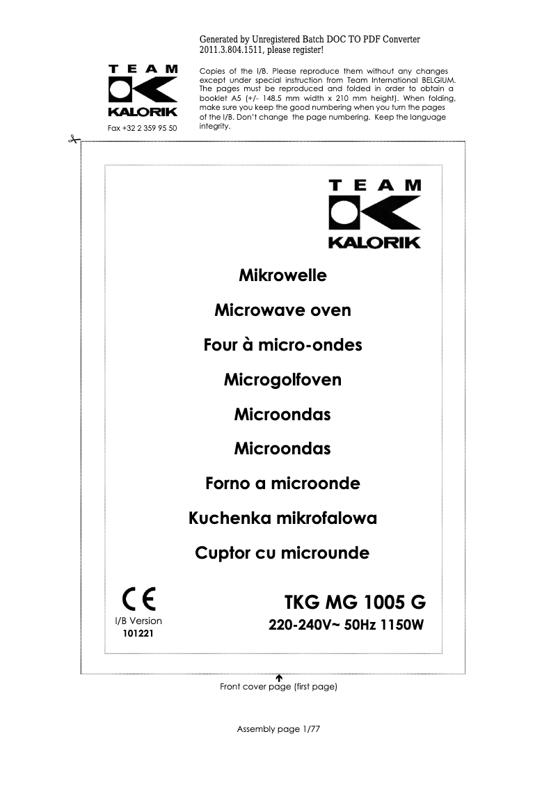 Page 1 of the manual User Manual Kalorik TKG MG 1005 G