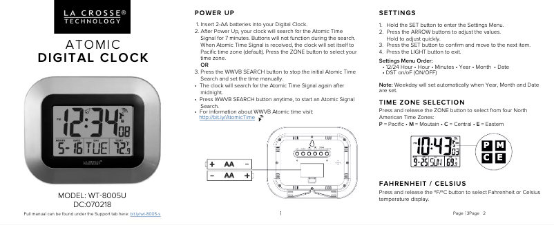 Page 1 of the manual Quick Start Guide La Crosse Technology WT-8005U