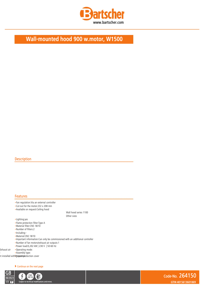 Page 1 of the manual Technical Sheet Bartscher 264150