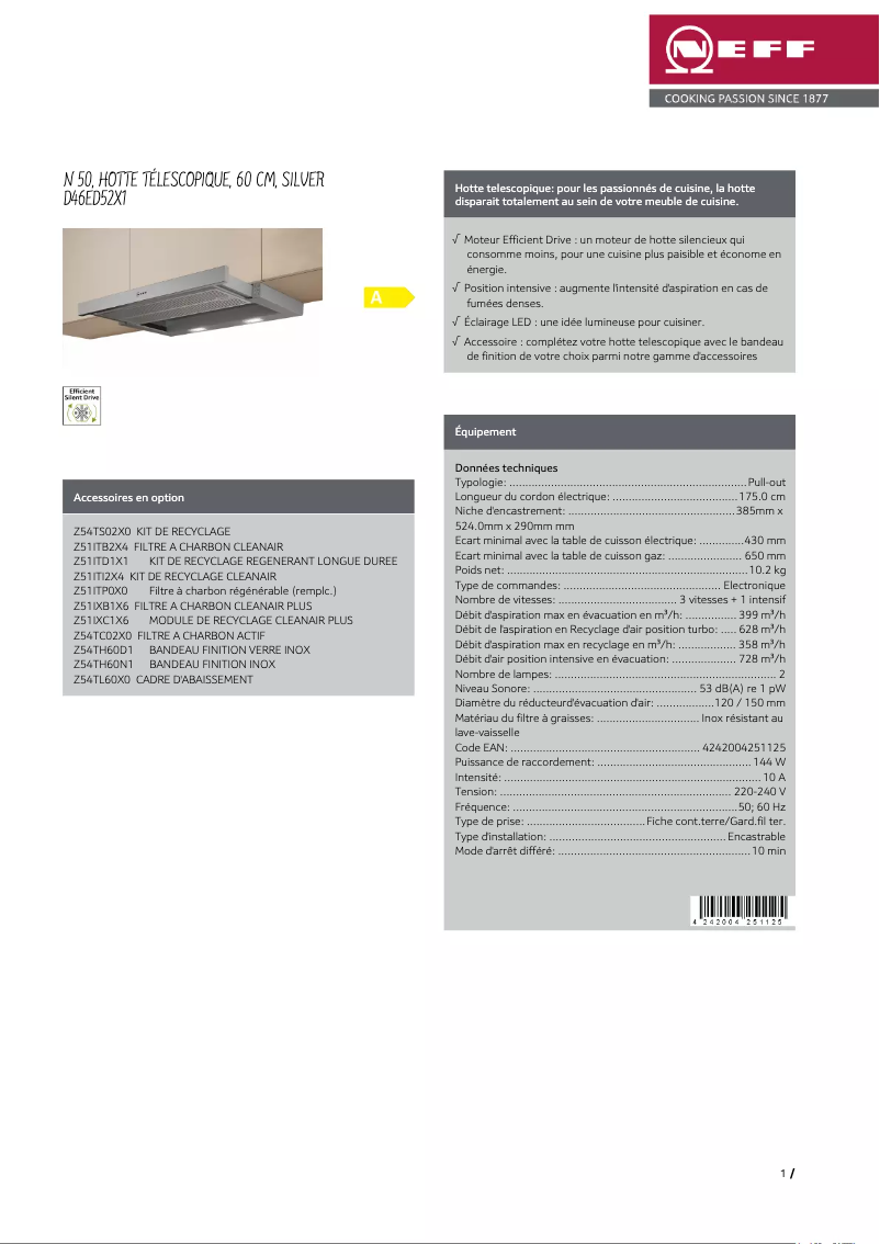 Page 1 of the manual Technical Sheet Neff D46ED52X1
