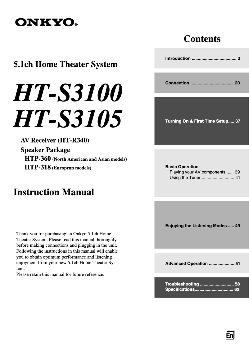 First page image of the manual for HT-S3100