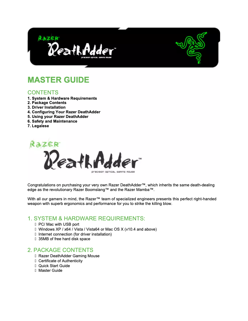 Page 1 of the manual User Manual Razer DeathAdder Elite