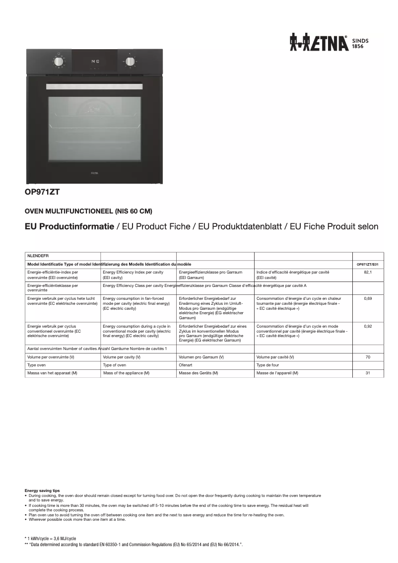 Page 1 of the manual Technical Sheet Etna OP971ZT