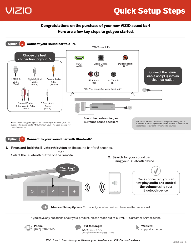 Page 1 of the manual Quick Start Guide VIZIO SB3651ns-H6