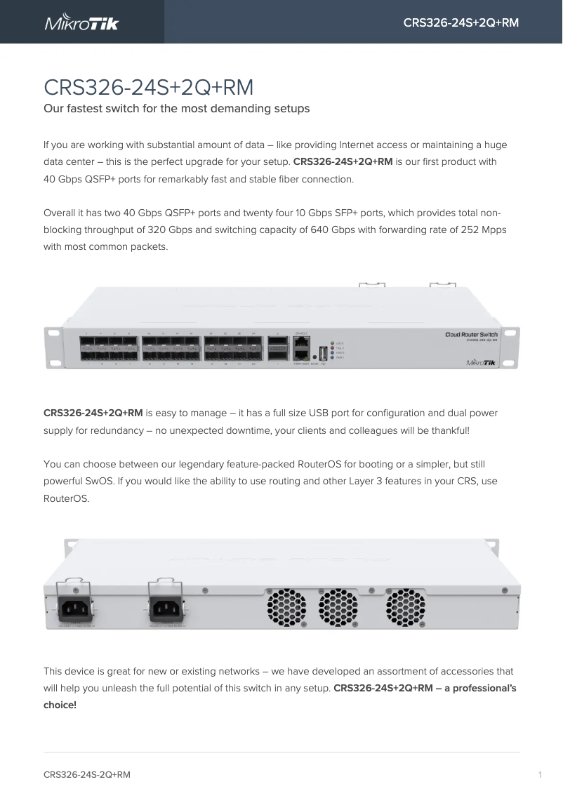 Page 1 of the manual Brochure Mikrotik CRS326-24S+2Q+RM