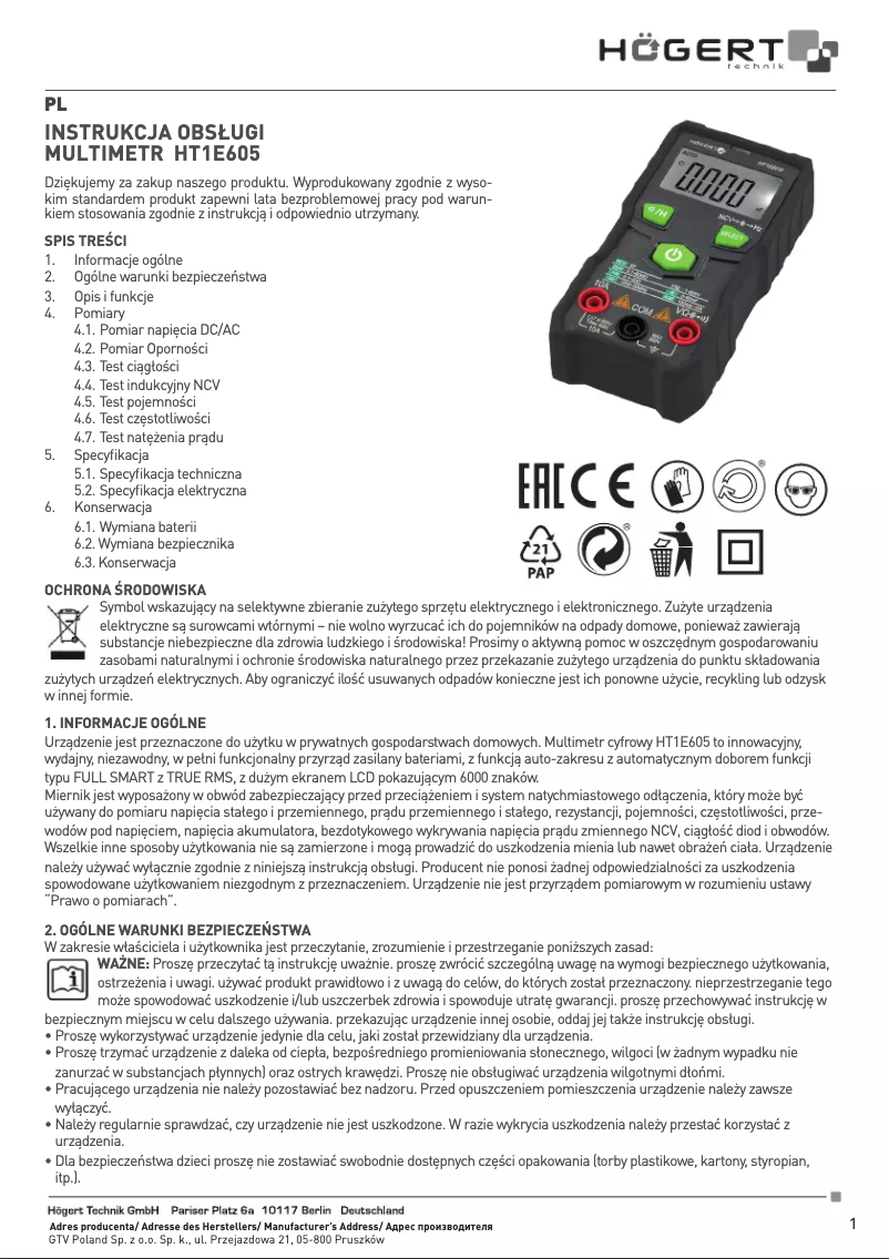 Page 1 of the manual User Manual Högert HT1E605