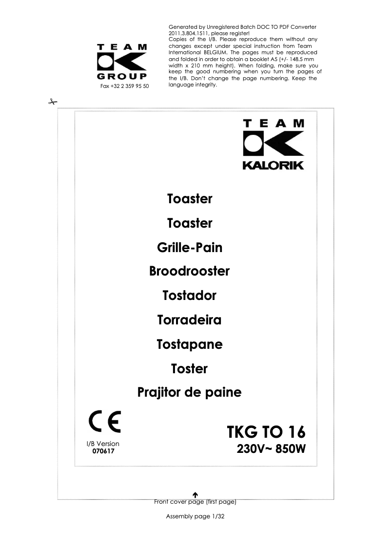 Image de la première page du manuel de l'appareil TKG TO 16