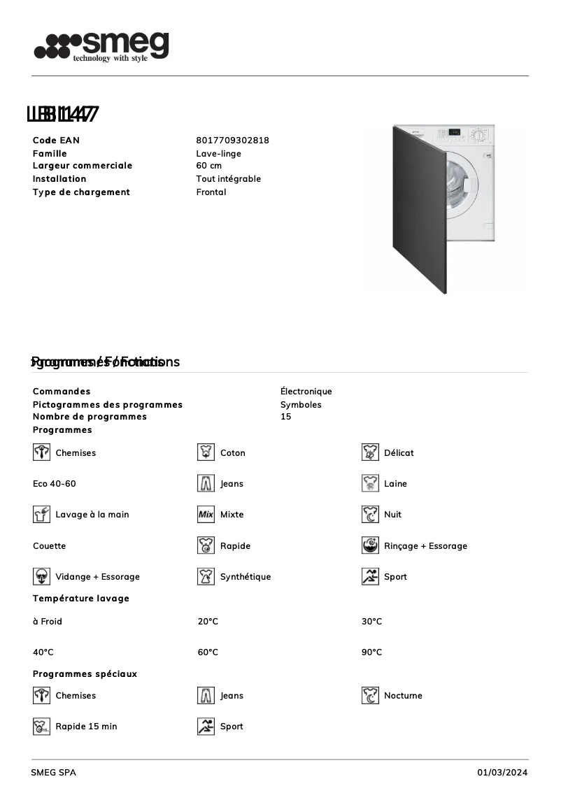 Page 1 of the manual Technical Sheet Smeg LBI147
