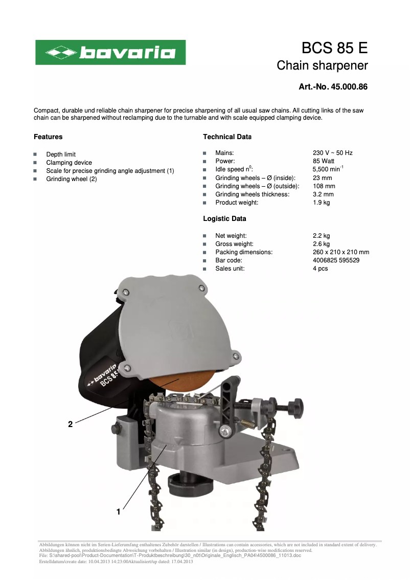 Page 1 of the manual Technical Sheet Bavaria BCS 85 E
