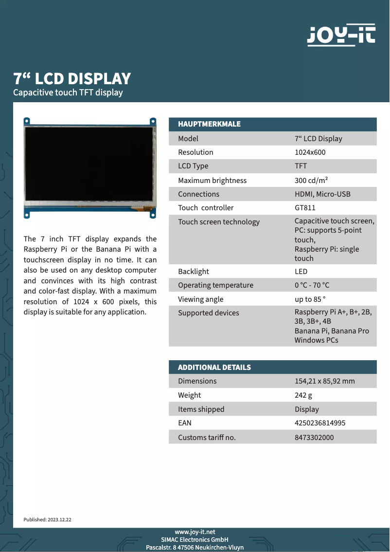 Page 1 of the manual Technical Sheet Joy-It RB-LCD-7-2