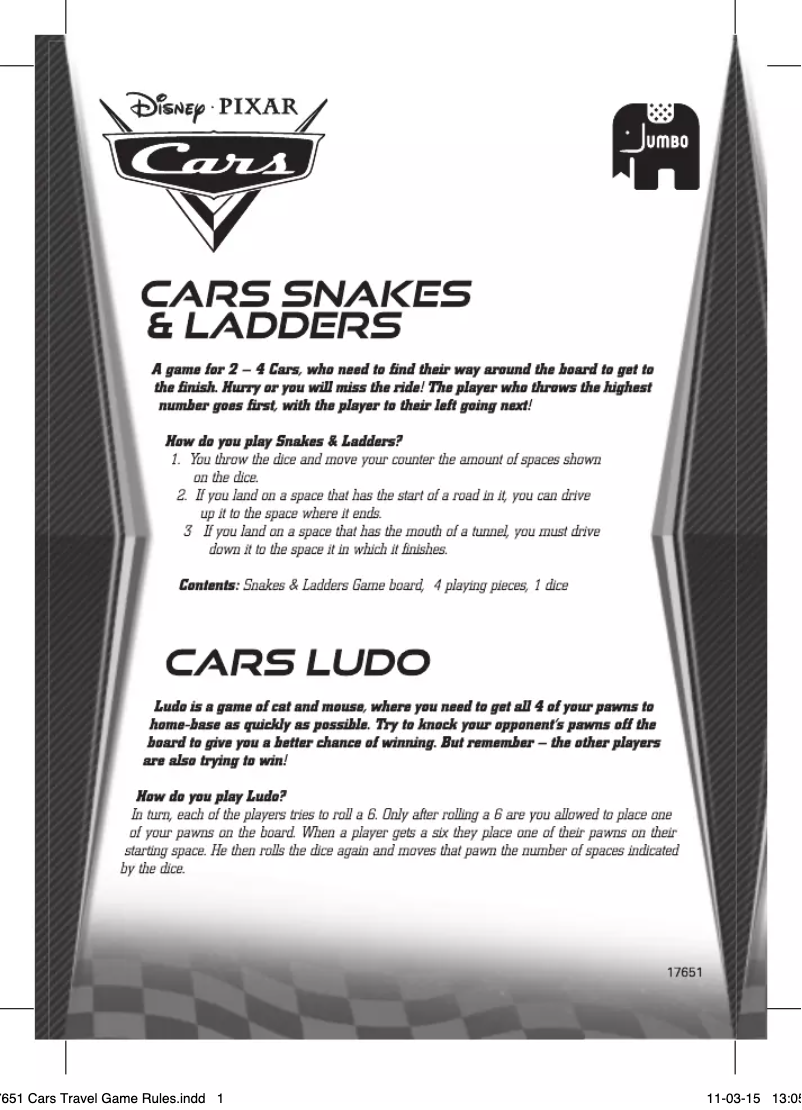 First page image of the manual for Disney Pixar Cars Ludo - Snakes and Ladders Reiseditie