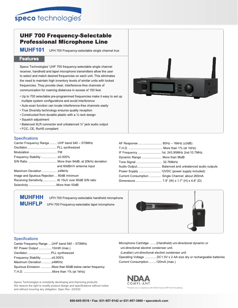 Page 1 of the manual User Manual Speco Technologies MUHF101