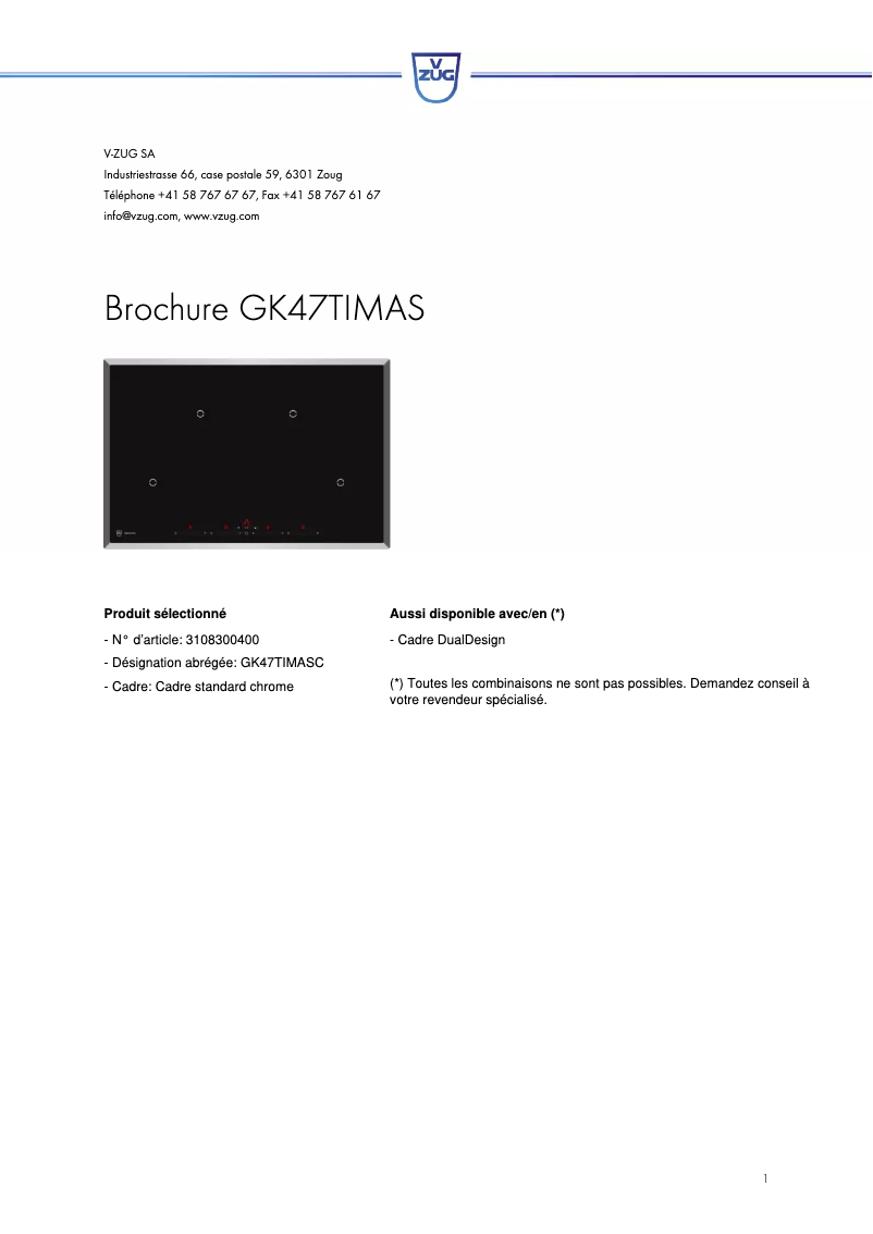 Page 1 of the manual User Manual V-Zug GK47TIMASC