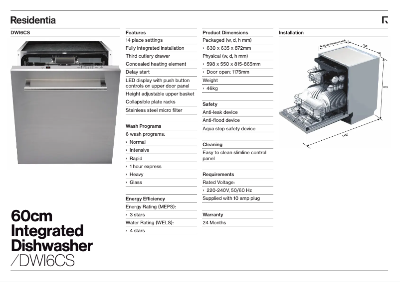 Page 1 of the manual Technical Sheet Esatto DWI6CS