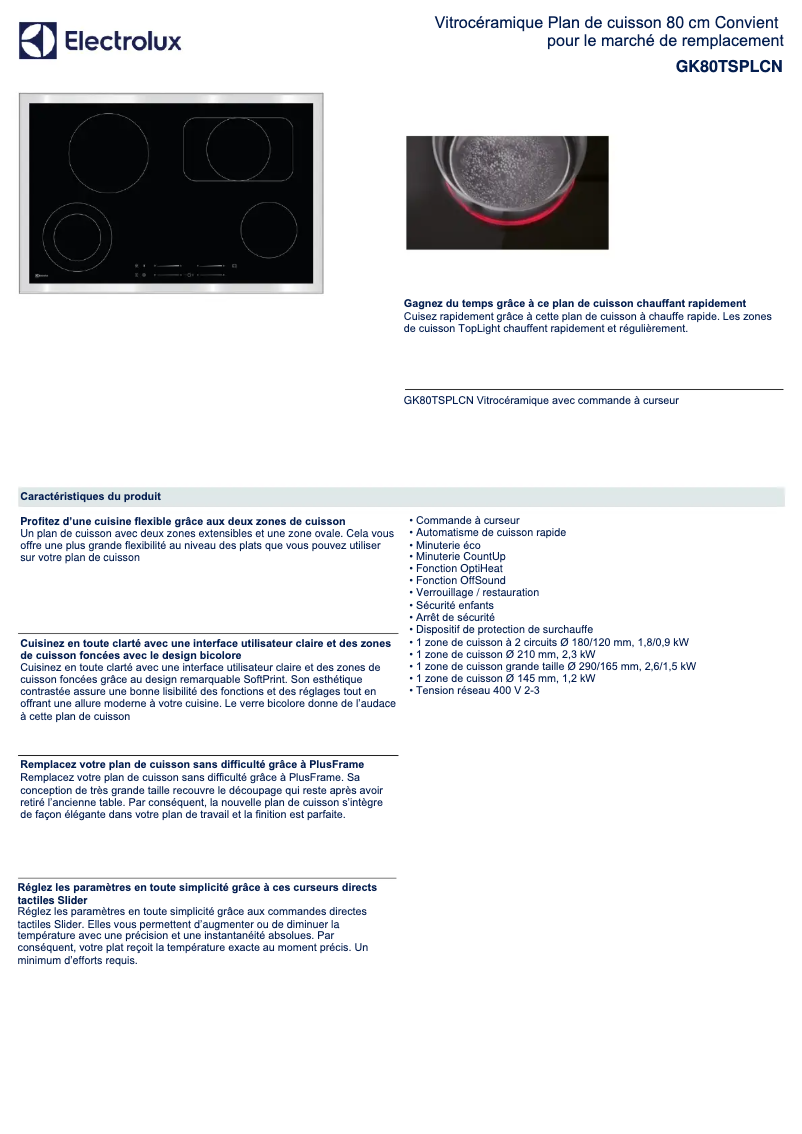 Page 1 of the manual Technical Sheet Electrolux GK80TSPLCN