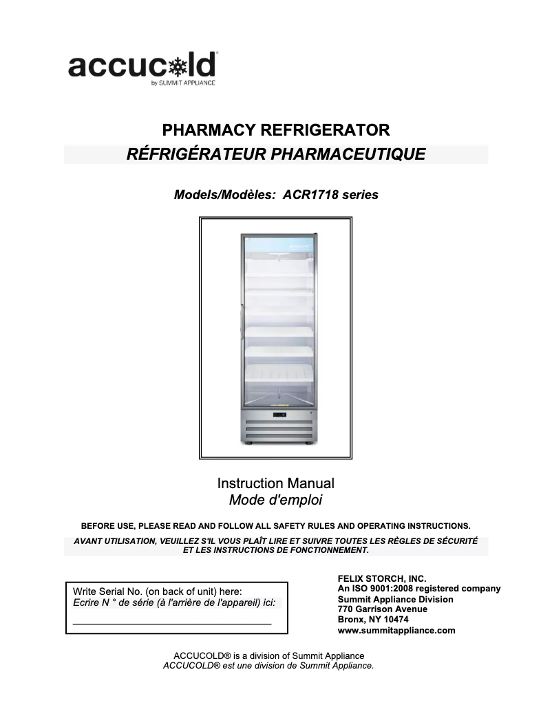 Page 1 of the manual Use and Maintenance Manual Summit Accucold ACR1718LH