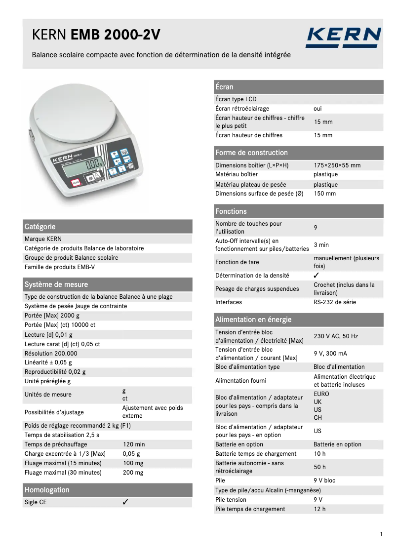 Page 1 of the manual Technical Sheet Kern EMB 2000-2V