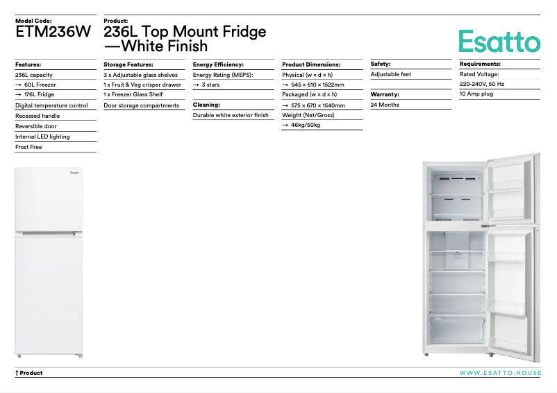 Page 1 of the manual Technical Sheet Esatto ETM236W