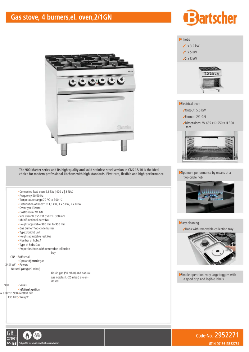 Page 1 of the manual Technical Sheet Bartscher 2952271