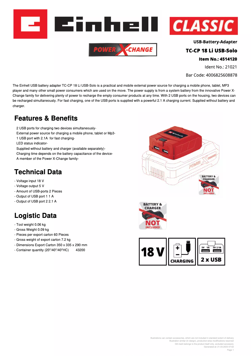 First page image of the manual for TC-CP 18 Li USB