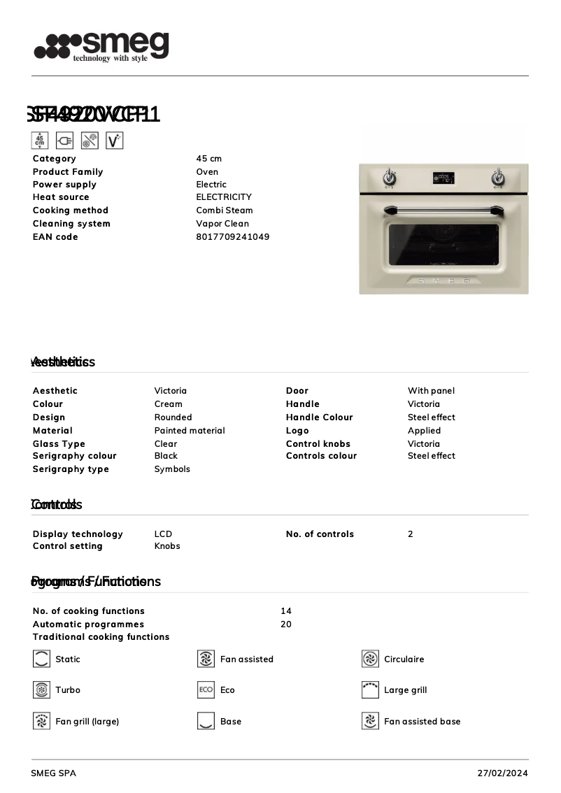 Page 1 of the manual Technical Sheet Smeg SF4920VCP1