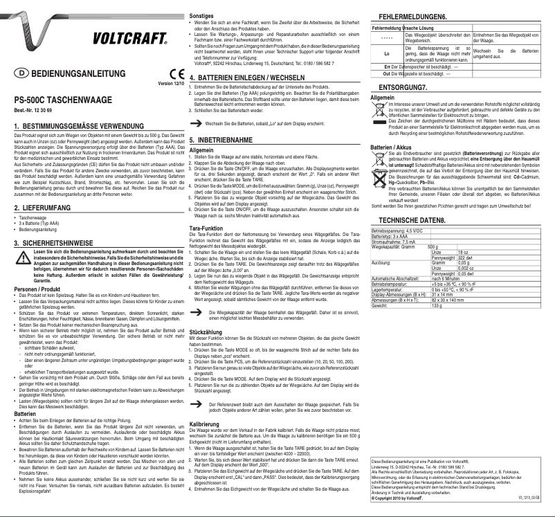 Page 1 of the manual User Manual Voltcraft PS-500C