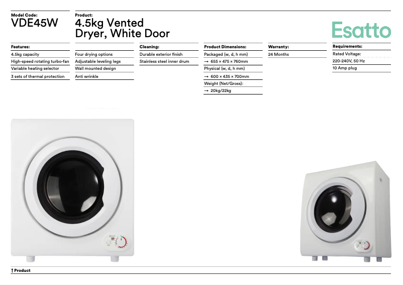 Page 1 of the manual Technical Sheet Esatto VDE45W