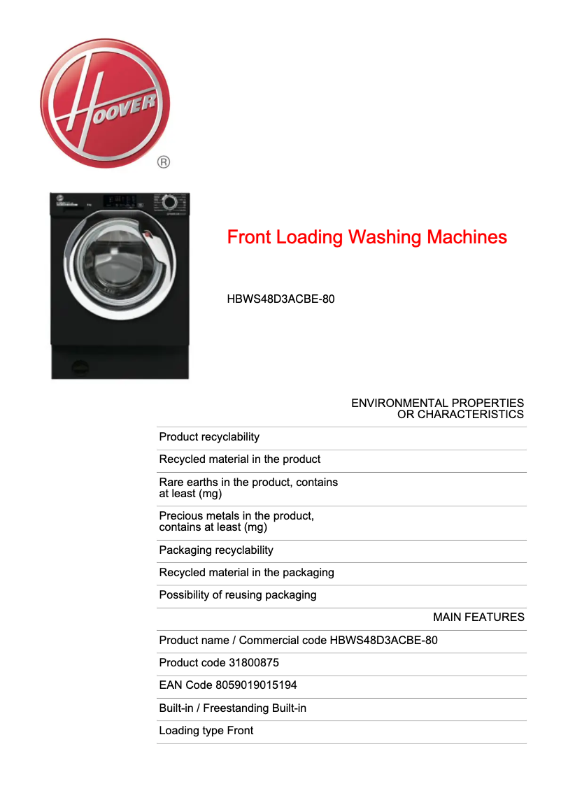 First page image of the manual for H-WASH 300 LITE HBWS48D3ACBE-80