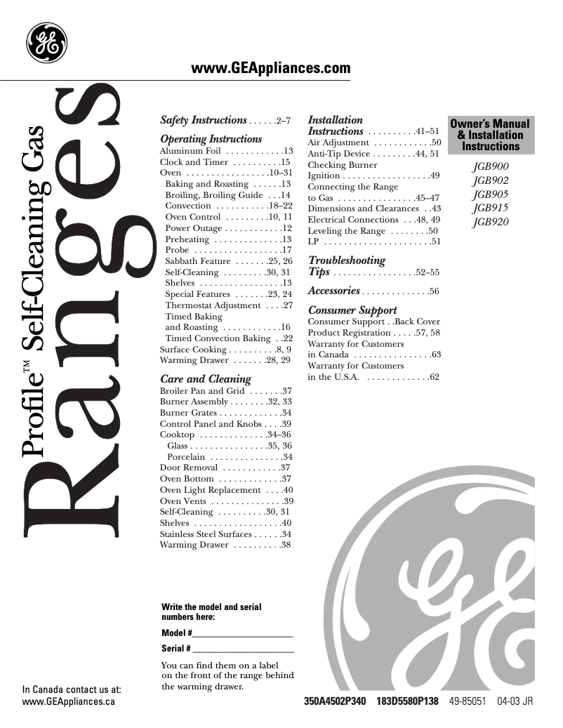 First page image of the manual for JGB900BEFBB