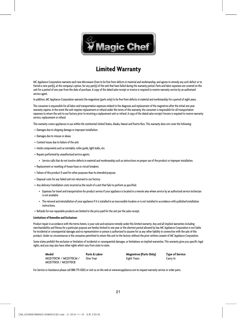Page 1 de la notice Informations de garantie Magic Chef MCD770CM
