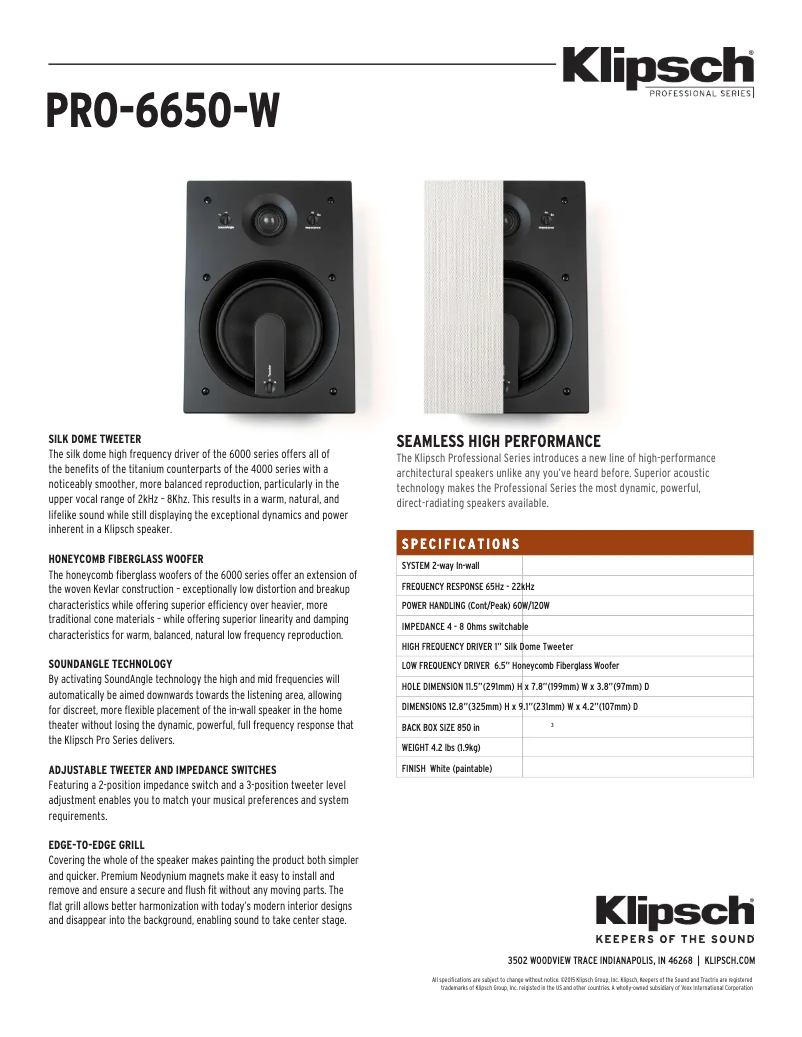 Page 1 of the manual Technical Sheet Klipsch PRO-6650-W