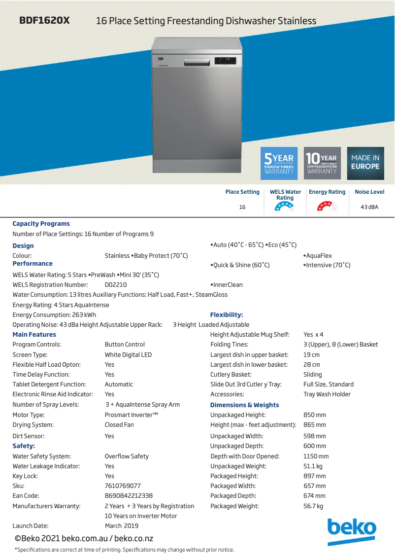 Page 1 of the manual Technical Sheet Beko BDF1620X