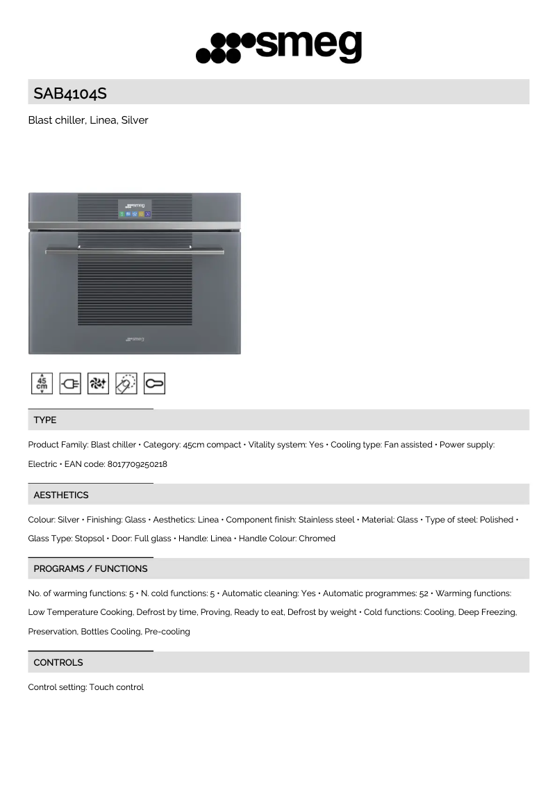 Page 1 of the manual Technical Sheet Smeg SAB4104S