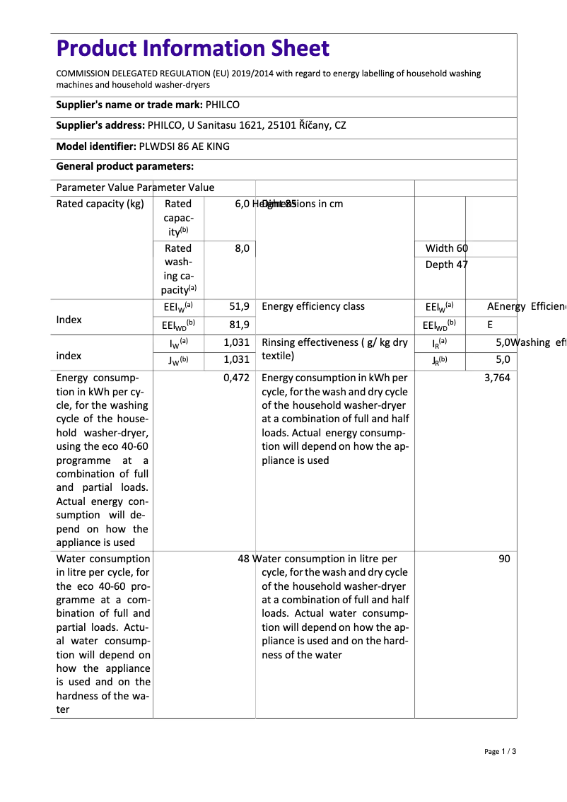 Page 1 of the manual Technical Sheet Philco PLWDSI 86 AE King