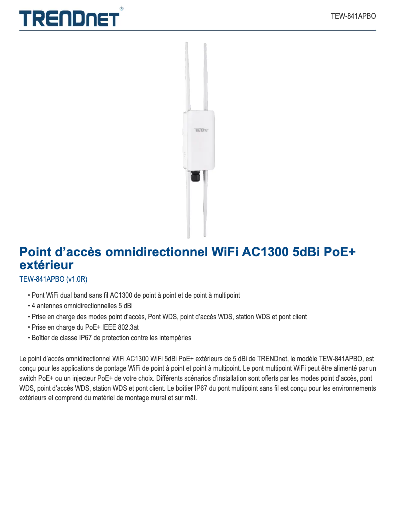 Page 1 of the manual Technical Sheet TRENDnet TEW-841APBO