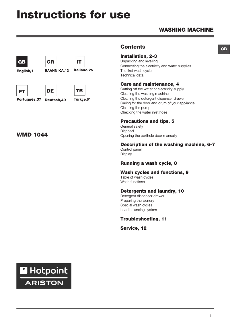 Page 1 of the manual User Manual Hotpoint Ariston WMD 1044