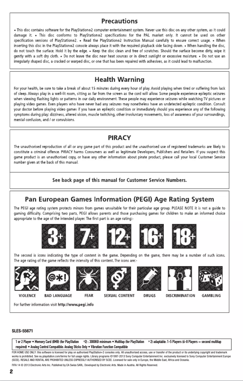 Image de la première page du manuel de l'appareil Fifa 14 (Playstation 2)