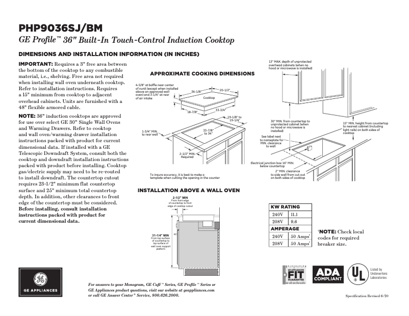 Page 1 of the manual Technical Sheet GE Profile PHP9036BMTS