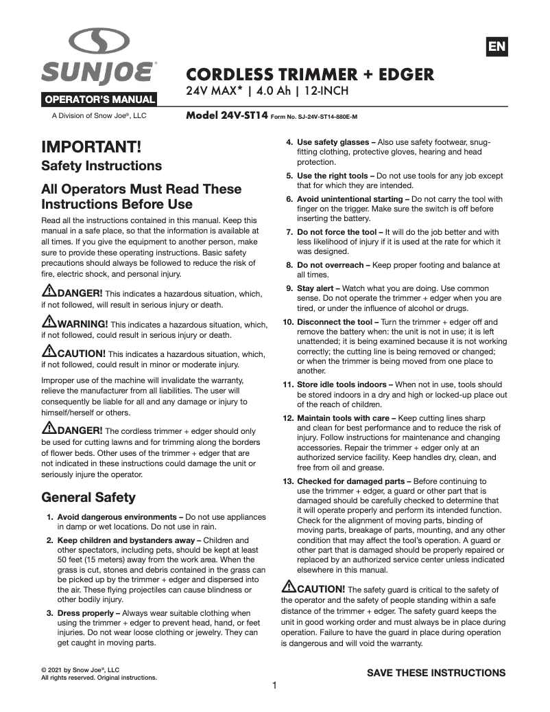 Page 1 of the manual User Manual Sun Joe 24V-ST14