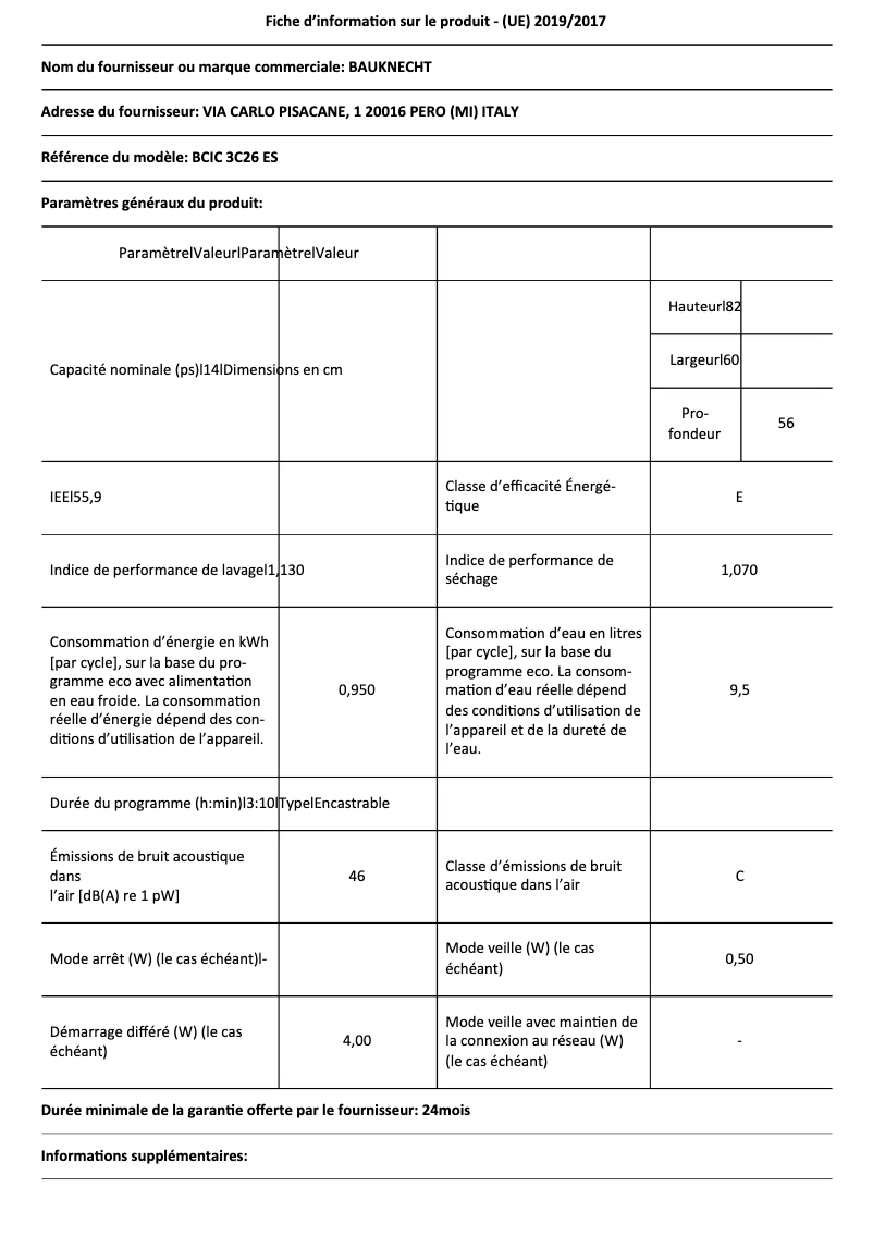 Page 1 of the manual Technical Sheet Bauknecht BCIC 3C26 ES