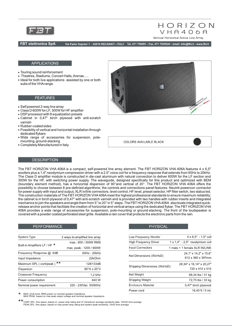 Page 1 of the manual Technical Sheet FBT Horizon VHA 406 A